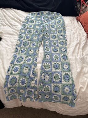 Bershka Crochet flared pants in Blue, Green & White